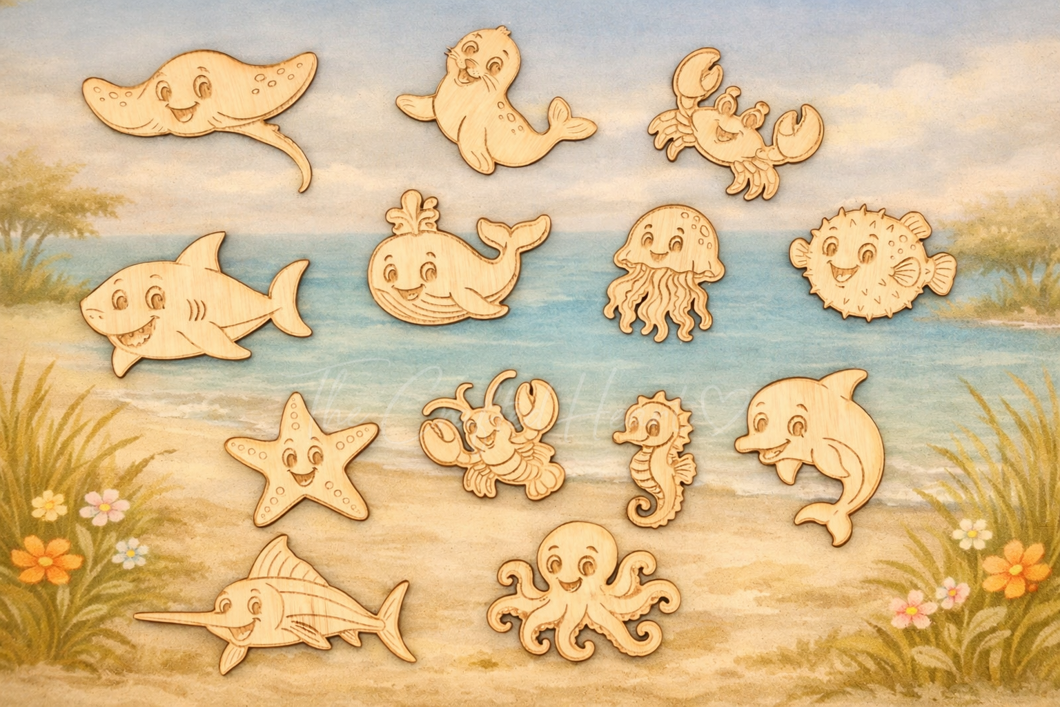 Laser Engraved Wood DIY Set – Ocean Friends