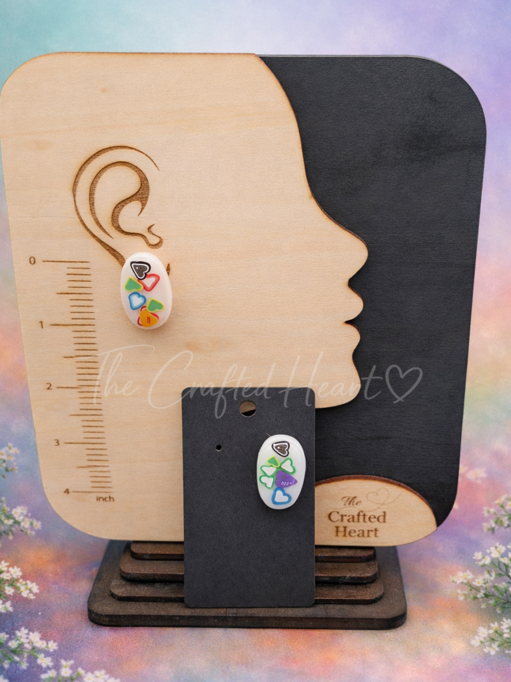 Rainbow Hearts White Oval Stud Earrings